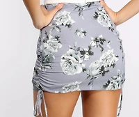 Romantic Ruched Rose Print Mini Skirt
