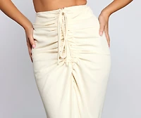 High-Rise Drama Ruched Midi Skirt