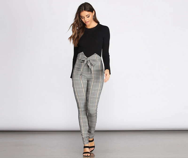 High Rise Tie Waist Plaid Skinny Pants