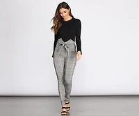 High Rise Tie Waist Plaid Skinny Pants