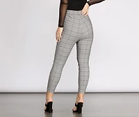 Pull Up Plaid Mid Rise Skinny Trousers