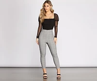 Pull Up Plaid Mid Rise Skinny Trousers