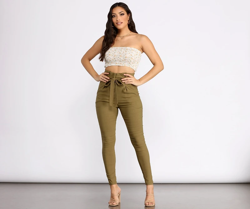 Tie Waist Skinny Paperbag Pants