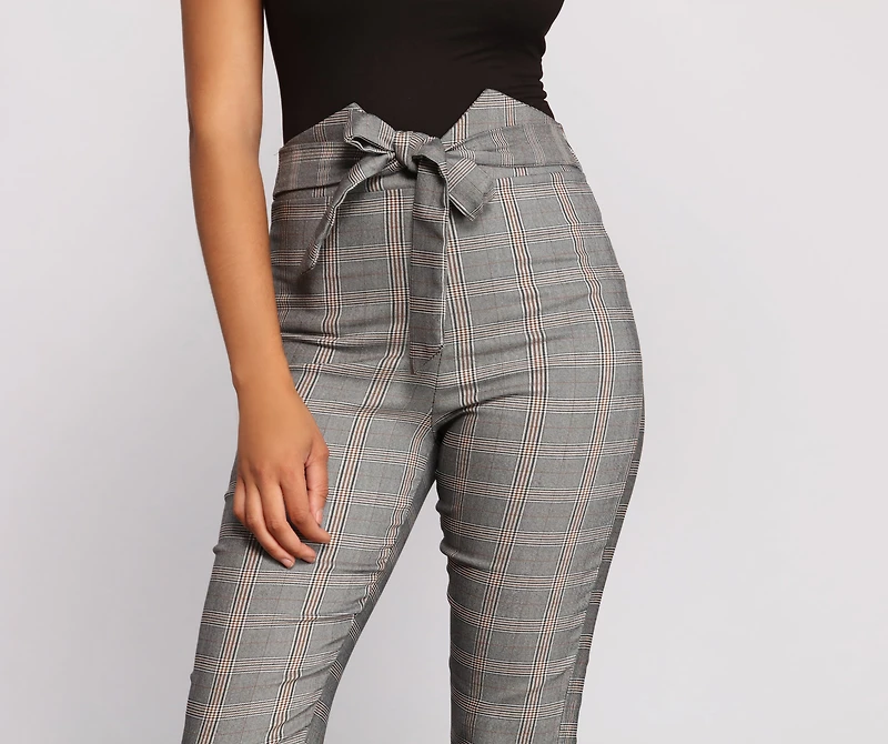 High Waist Tie Front Plaid Skinny Pants