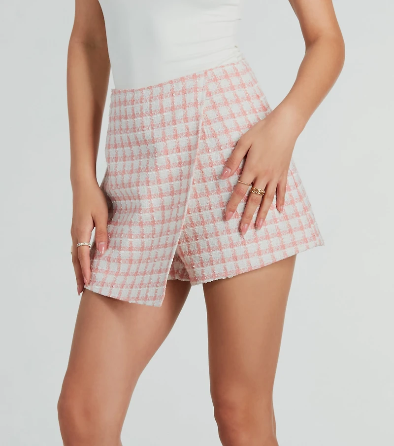 Preppy Beauty Tweed Faux Pearl Button Plaid Skort
