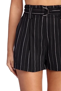 Belted And Striped High Waist Shorts