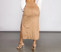 Faux Suede High Waist Ruched Midi Skirt