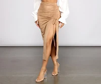 Faux Suede High Waist Ruched Midi Skirt