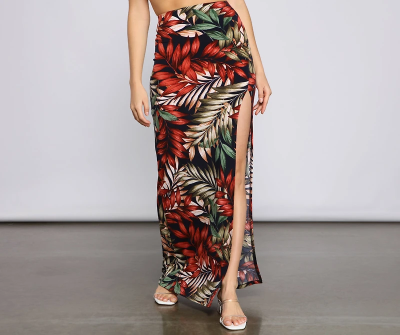 Tropical Palm Leaf High Slit Maxi Skirt