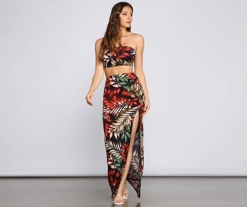 Tropical Palm Leaf High Slit Maxi Skirt