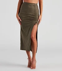 Faux Suede High Waist Ruched Midi Skirt