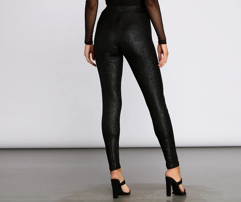 Zip Front Snake Print Coated Leggings