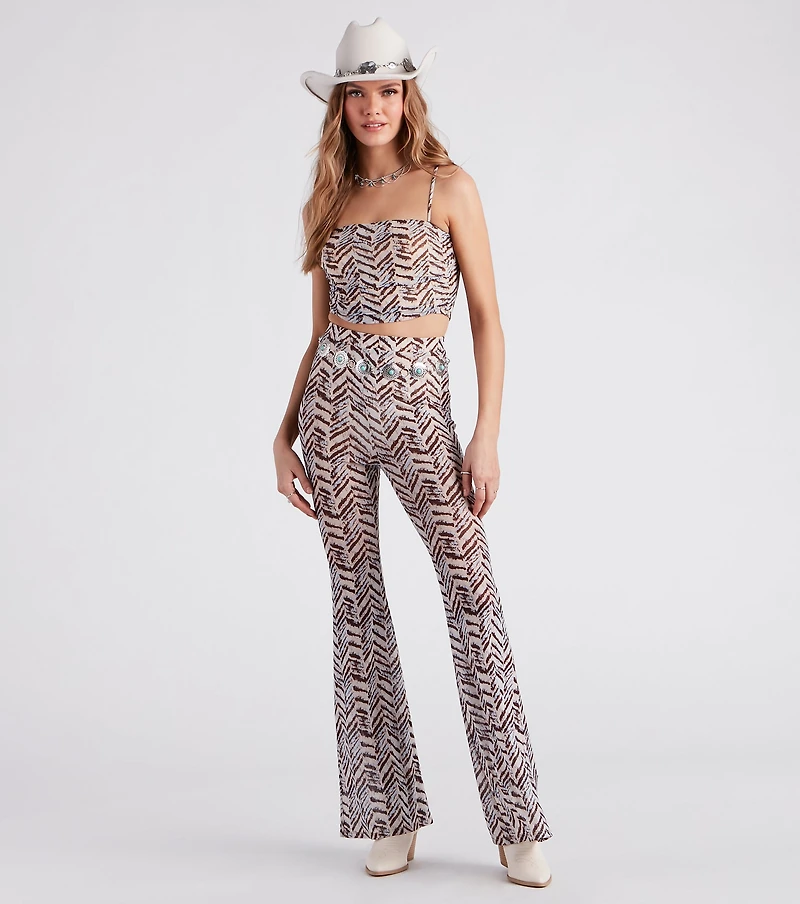 Cute Chevron Print Mesh Flare Pants