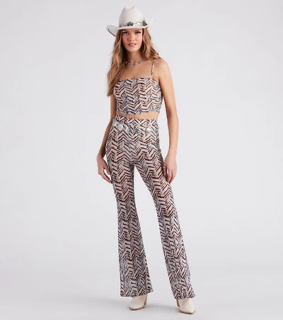 Cute Chevron Print Mesh Flare Pants