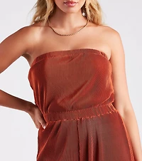 Here To Play Satin Strapless Pleated Jumpsuit