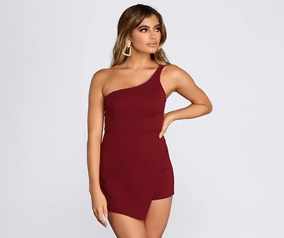 One Shoulder Faux Wrap Romper
