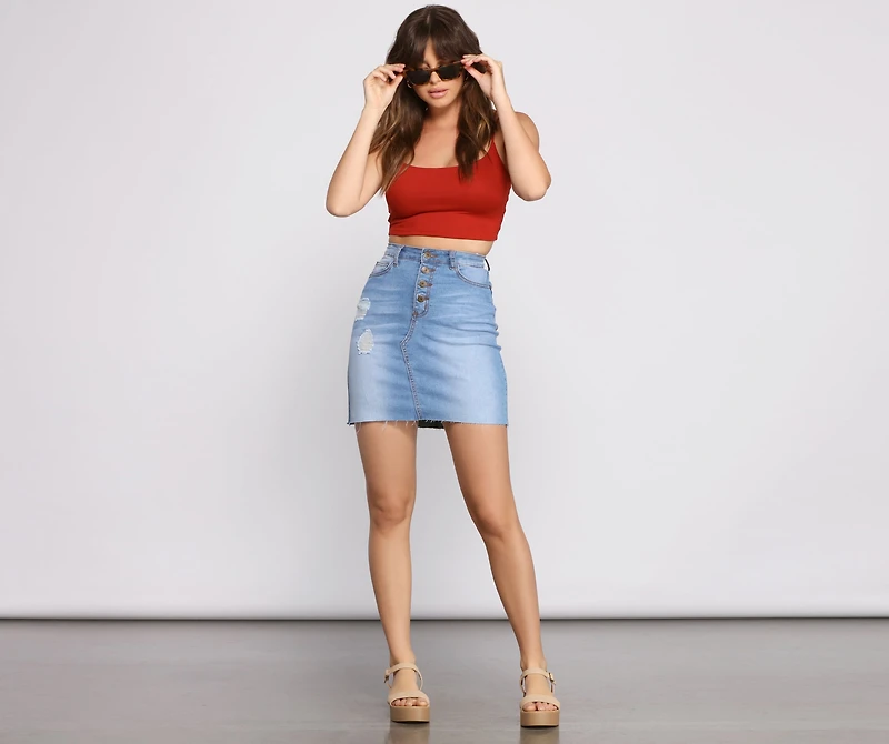 Button Up Raw Hem Denim Mini Skirt