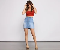 Button Up Raw Hem Denim Mini Skirt