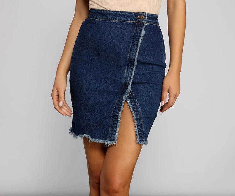 Wrapped Styled Frayed Denim Skirt