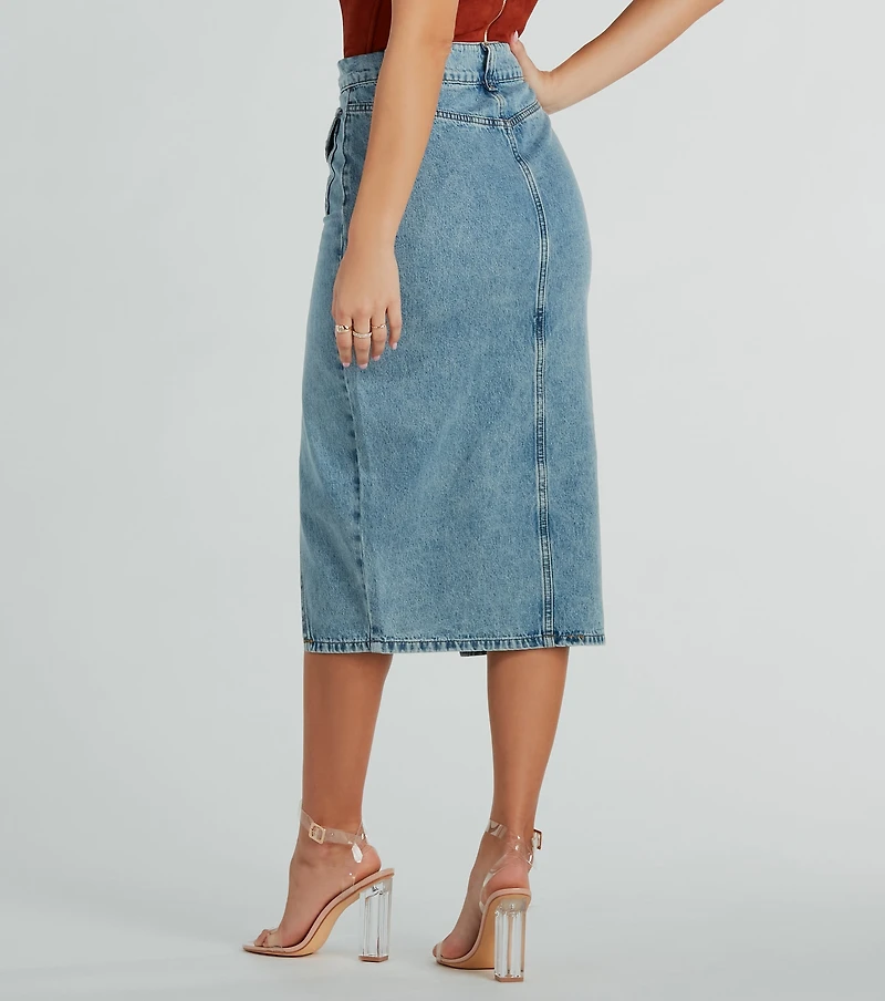 Iconic Trendsetter High Rise Slit Denim Midi Skirt