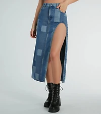 Retro Fab High Slit Patchwork Denim Maxi Skirt