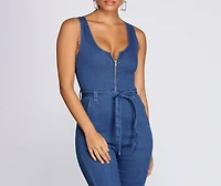 Zip Front Denim Jumpsuit