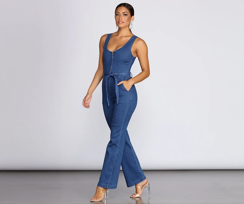 Zip Front Denim Jumpsuit