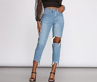 High Rise Destructed Straight Leg Jeans