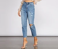 High Rise Destructed Straight Leg Jeans