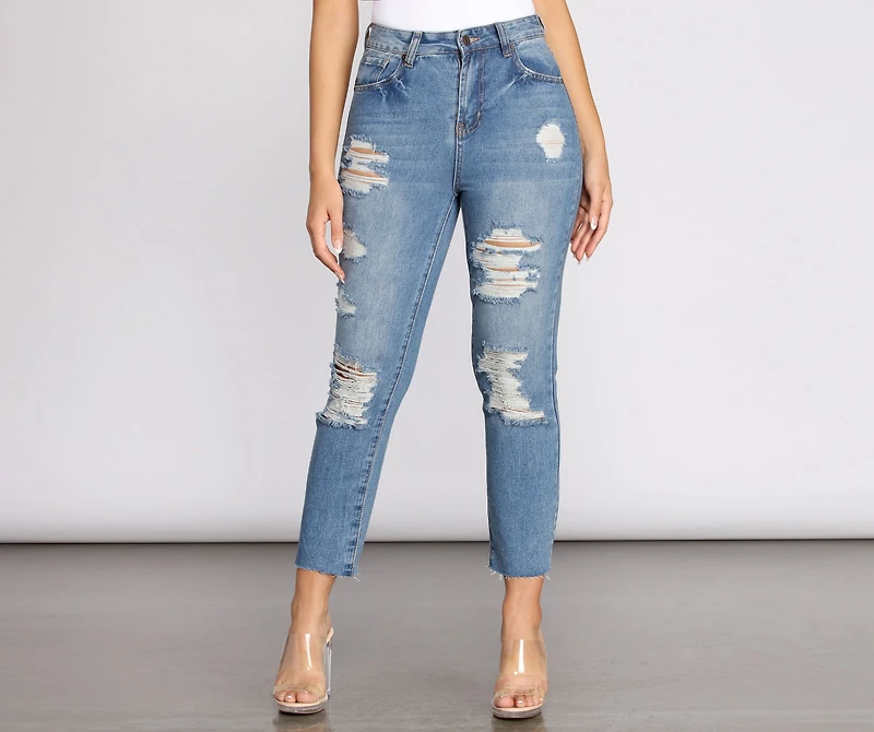 High Rise Straight Leg Destructed Denim Jeans