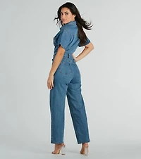 One And Done Short Sleeve Wide-Leg Denim Jumpsuit
