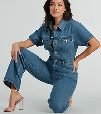 One And Done Short Sleeve Wide-Leg Denim Jumpsuit