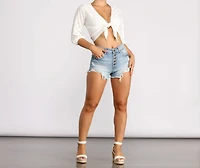 Lulu High Rise Button Denim Shorts