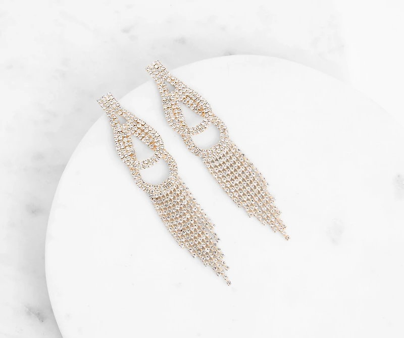 Done Up Double Loop Rhinestone Fringe Earrings