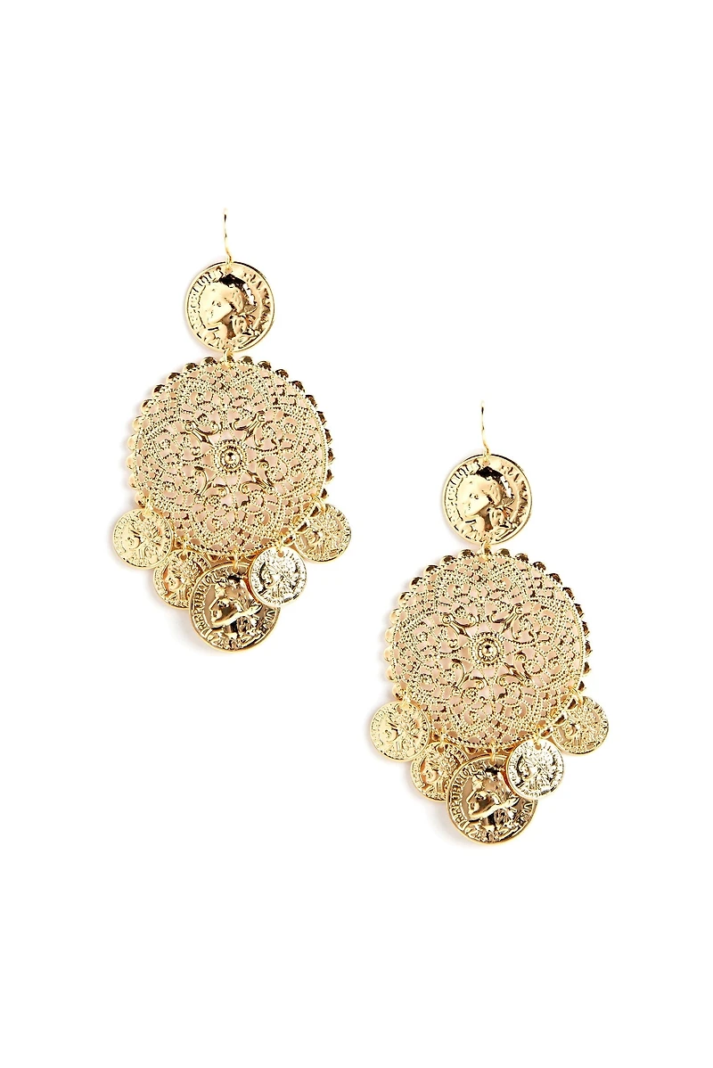 Metal Filigree Coin Duster Earrings