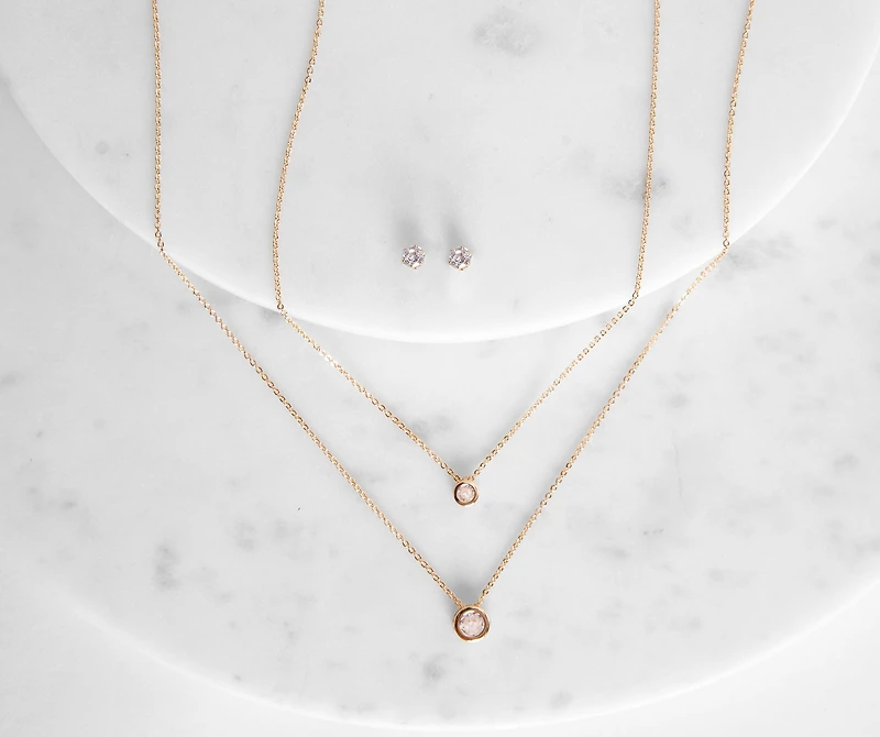 Cubic Zirconia Dainty Necklace And Studs Set