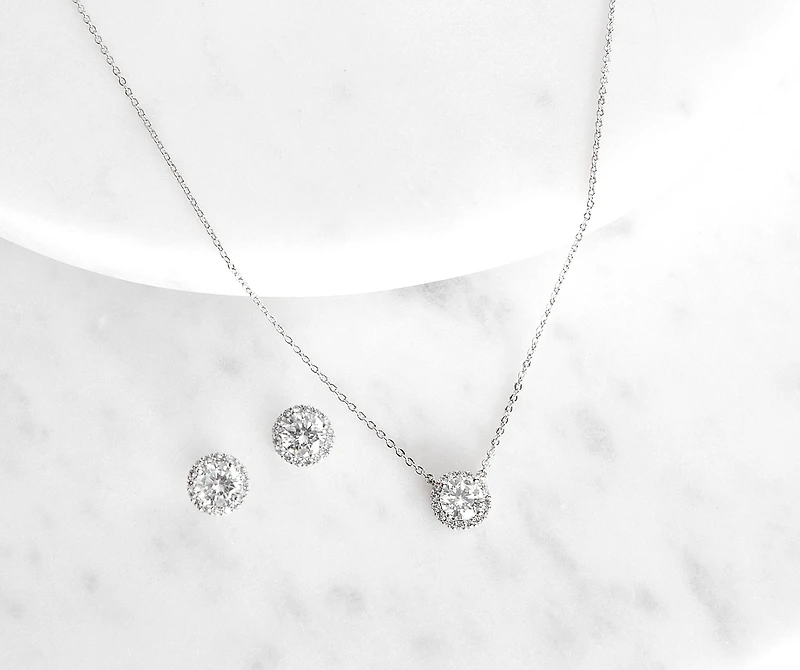 Cubic Zirconia Pendant Necklace And Studs