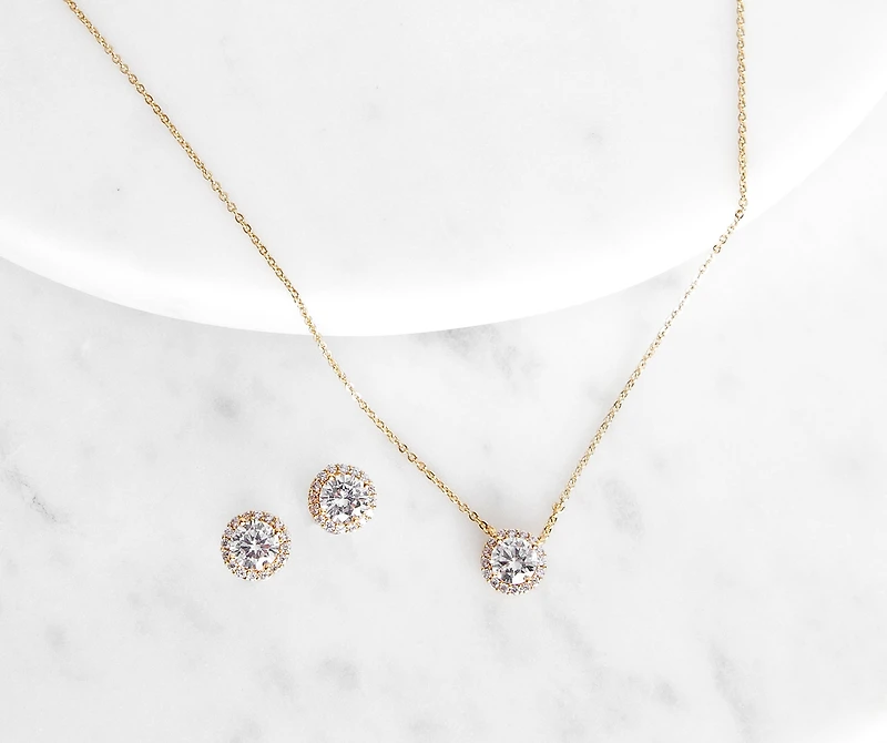 Cubic Zirconia Pendant Necklace And Studs