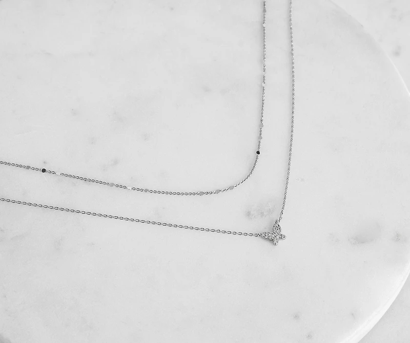 Cubic Zirconia Buttery Pendant Layered Necklace