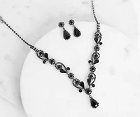 Dark And Stunning Drop Stone Necklace + Earring Set