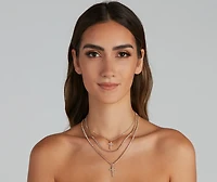 Rhinestone Cross Charm Layered Necklace