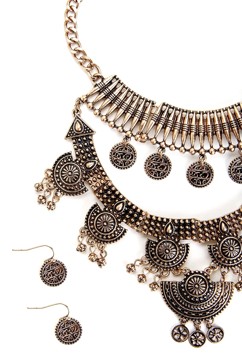 Boho Layered Bib Necklace And Earrings