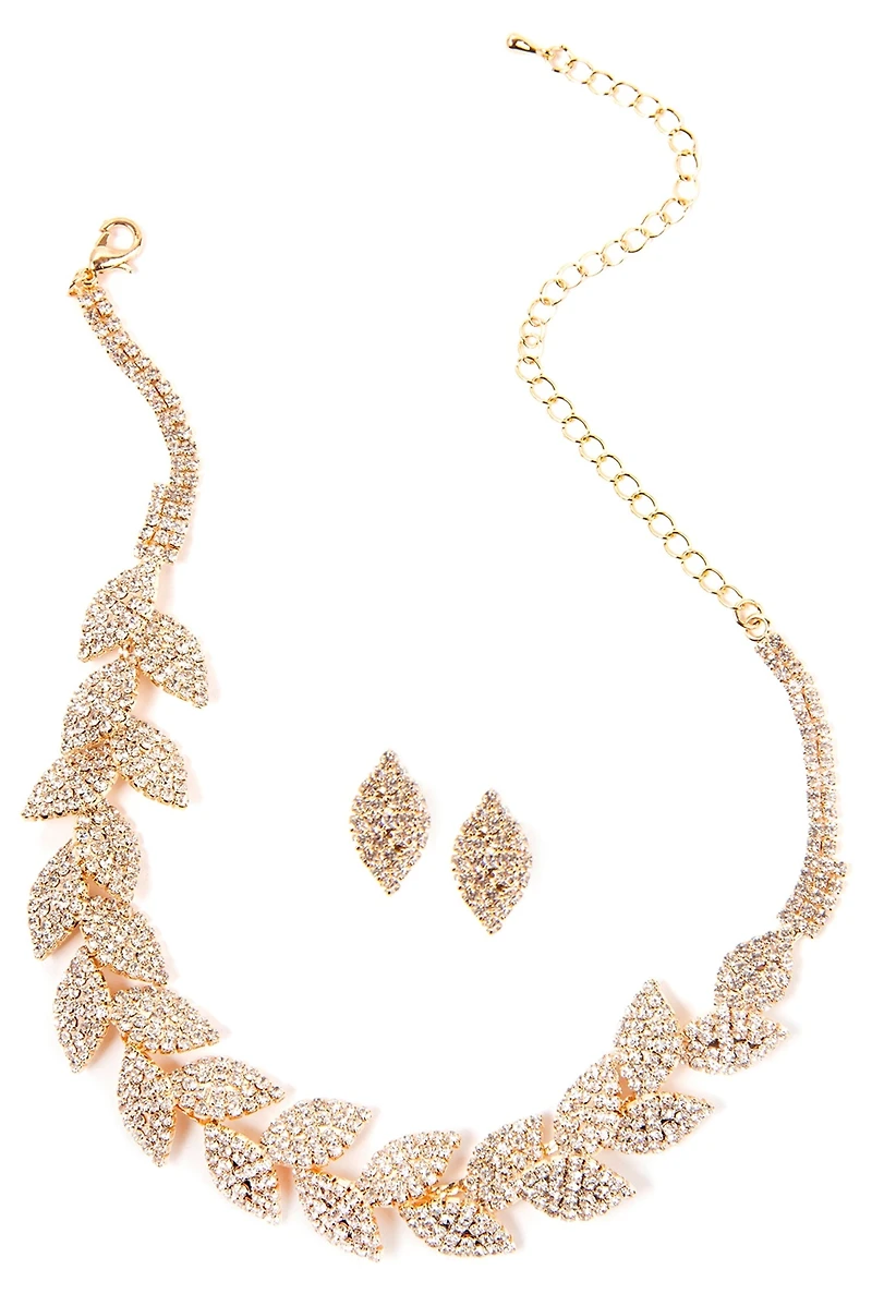 Rhinestone Leaf Collar And Stud Earrings