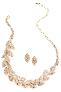 Rhinestone Leaf Collar And Stud Earrings