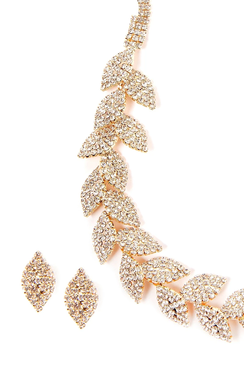 Rhinestone Leaf Collar And Stud Earrings