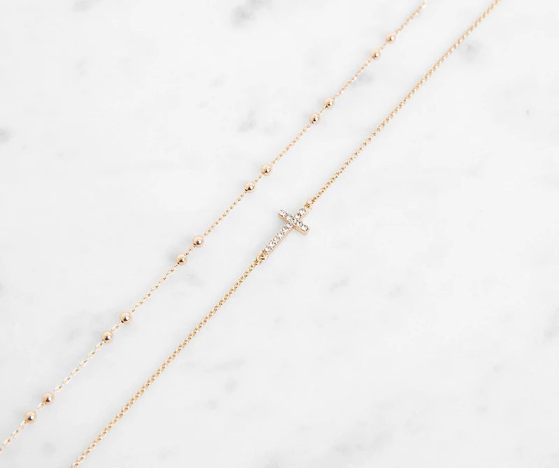 Two Pack Rhinestone Cross And Beaded Anklet Set