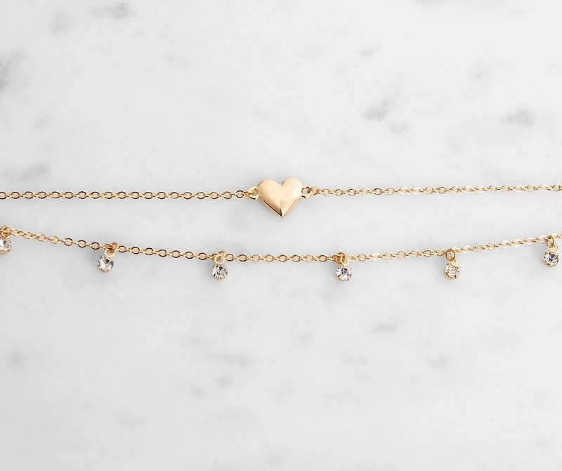 Two Pack Heart Charm And Rhinestone Anklet