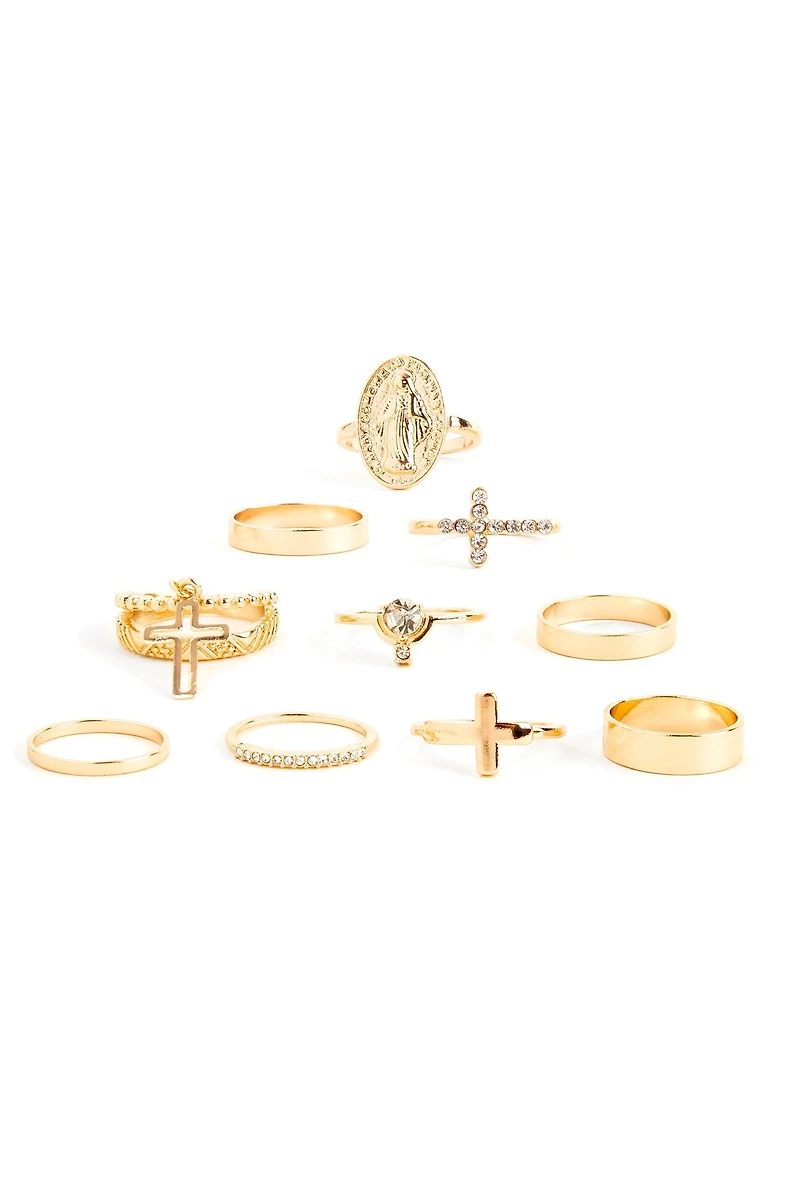 Cross Charm Rhinestone Ring Pack