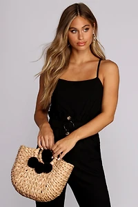 Pom Pom Straw Tote Bag