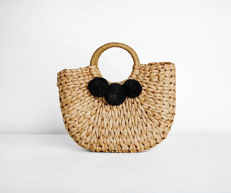 Pom Pom Straw Tote Bag